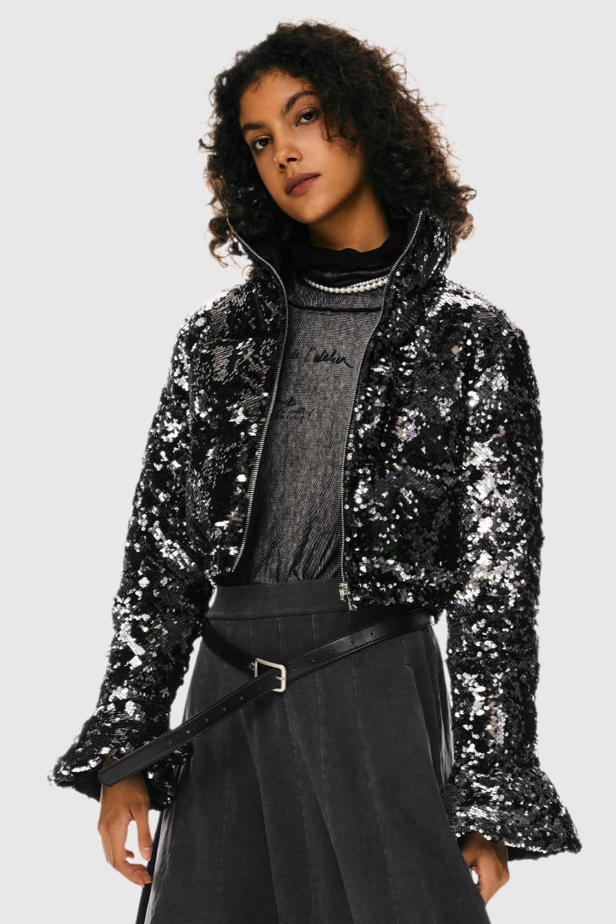 Sequin Fashion Petite Down Jacket with Stand Collar