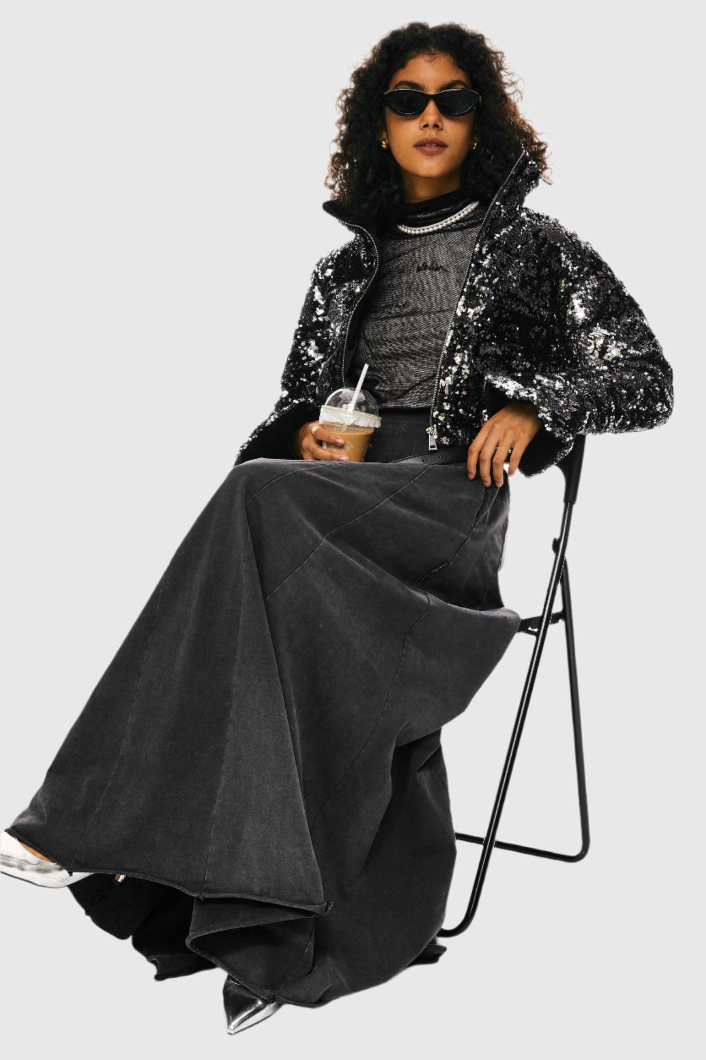 Sequin Fashion Petite Down Jacket with Stand Collar