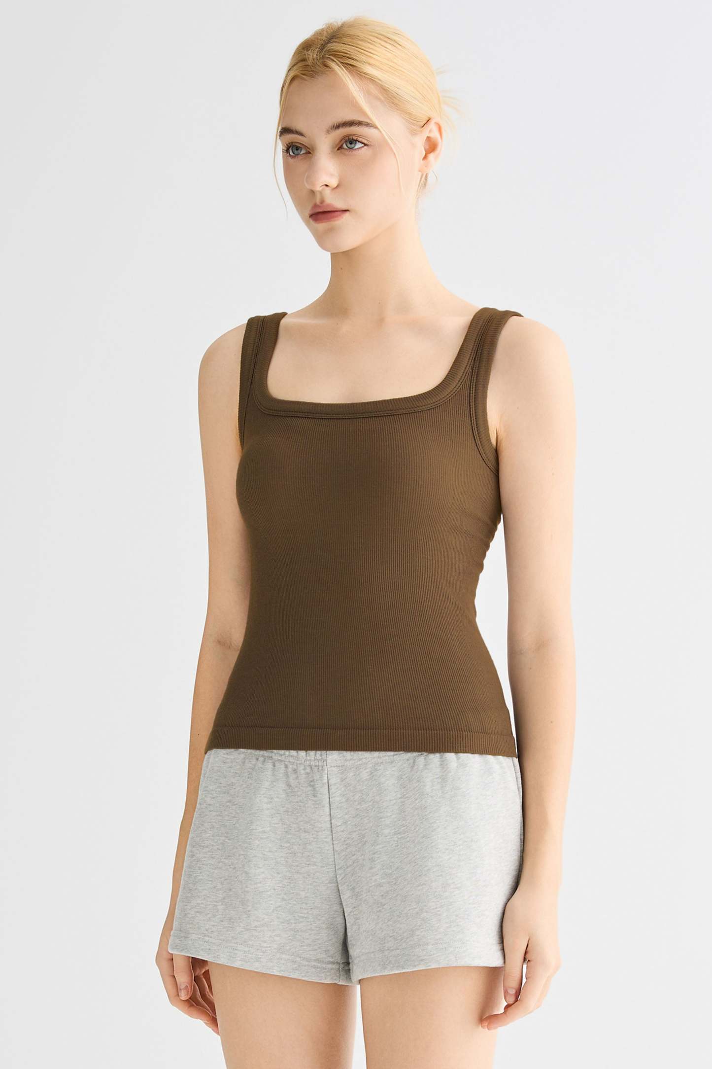 Padded Ribbed Wide-Strap Crew Tank