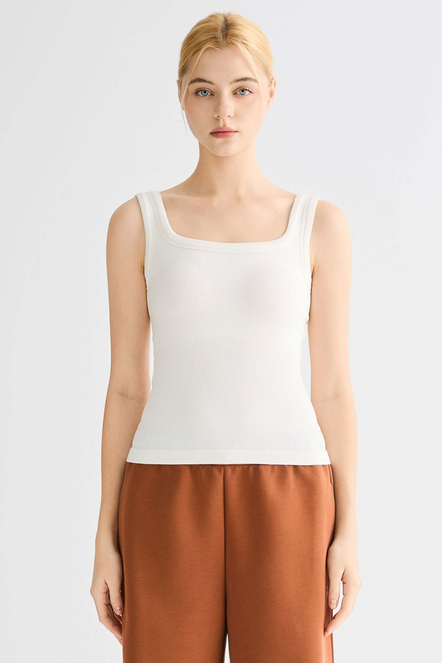 Padded Ribbed Wide-Strap Crew Tank