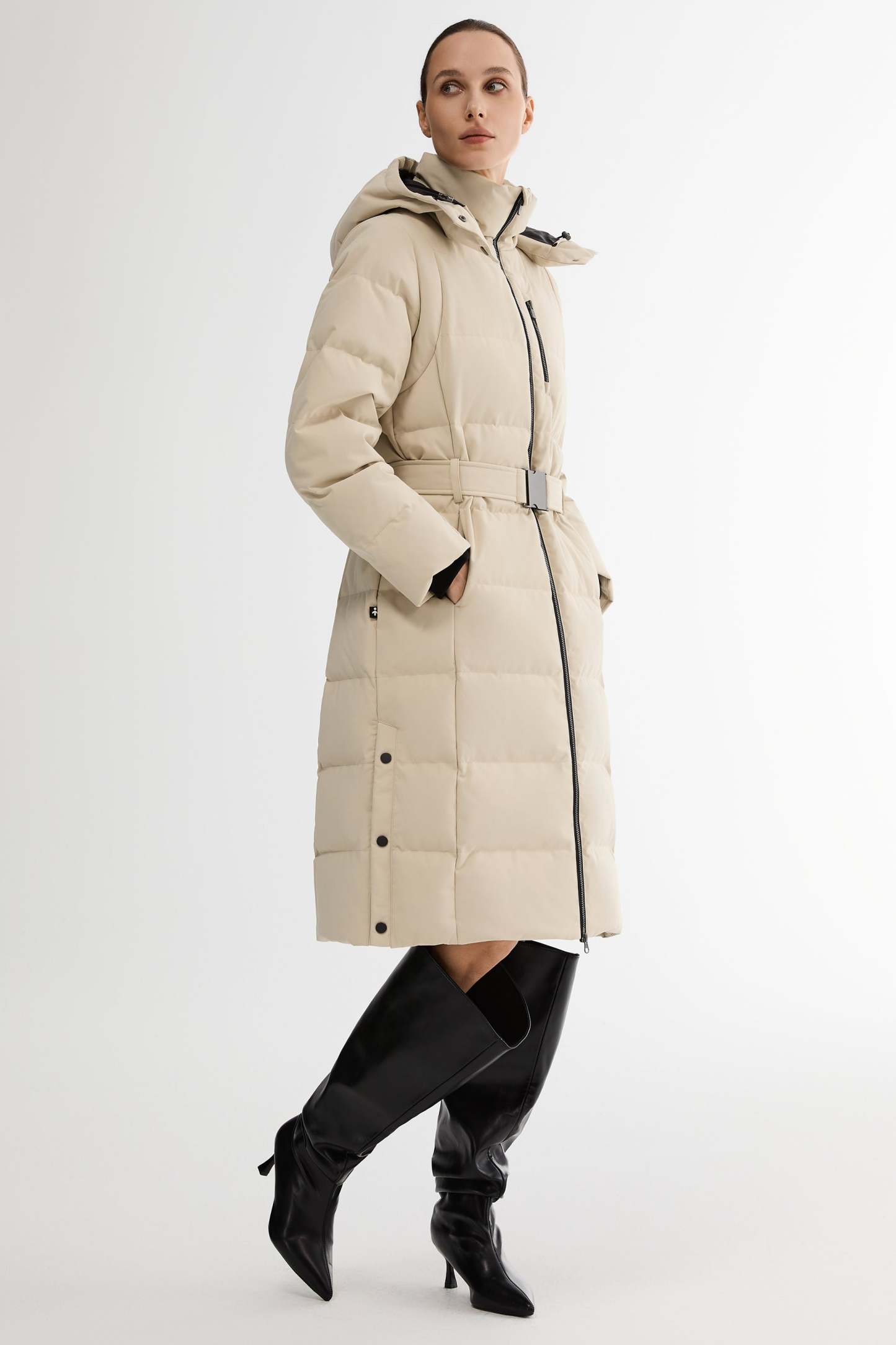 Celeste Long Hooded Belted Down Coat