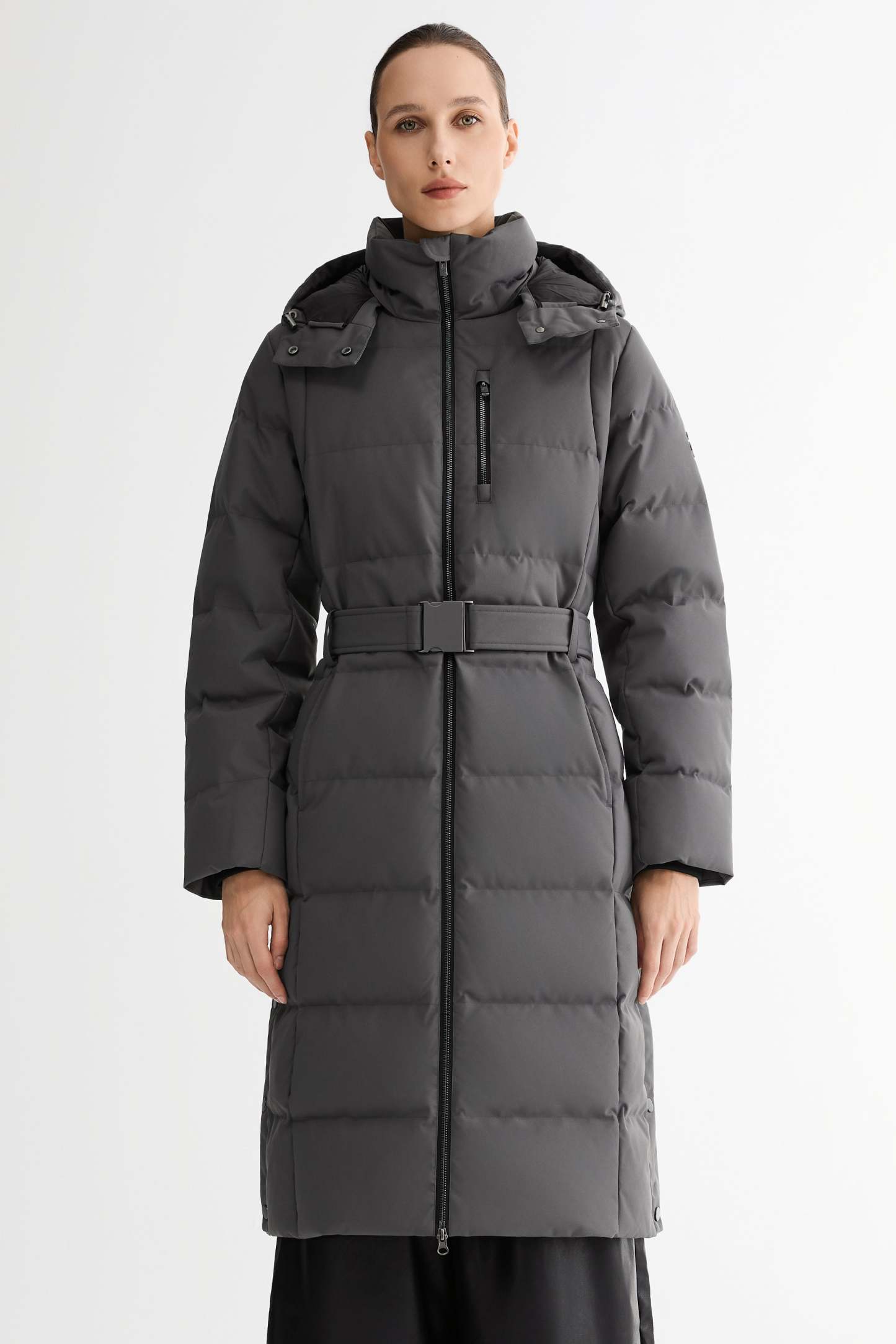 Celeste Long Hooded Belted Down Coat