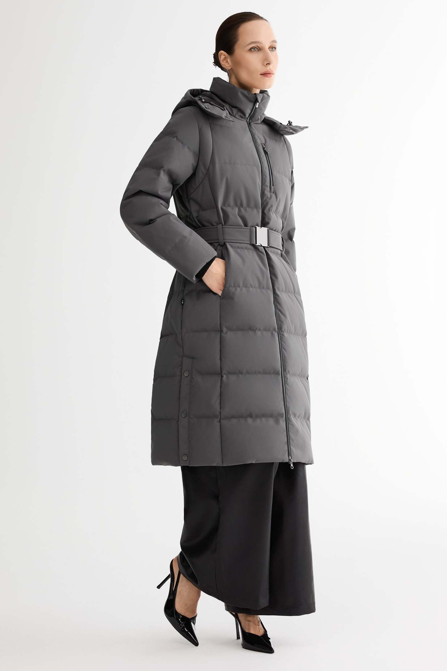 Celeste Long Hooded Belted Down Coat