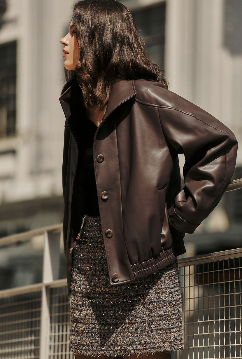 Ashley Oversized Faux Leather Jacket - Dark Umber