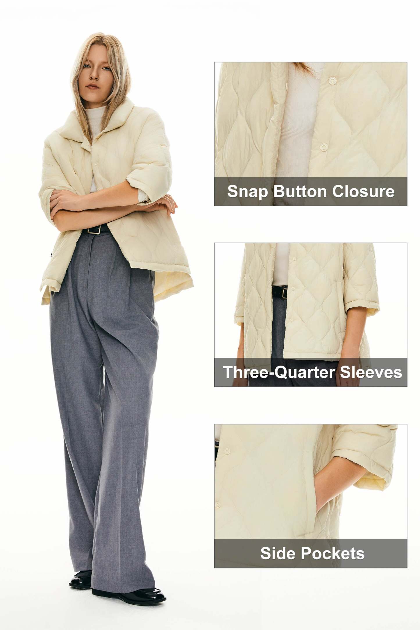 Down Puffer Jacket Three-quarter Sleeves Lightweight Oversized